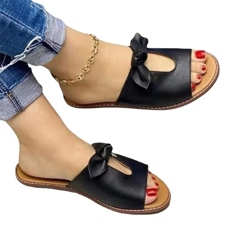 Large Women's Sandals Summer Bow Hollow 2023 Summer Women's Sandals Comfortable Women's Shoes Flat Shoes Women's Summer Shoes