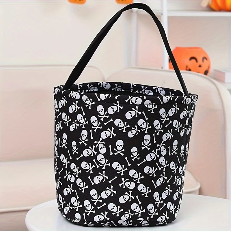 Halloween Candy Bucket Tote Bag-Trick or Treat Fabric Storage Bin with Pumpkin and Skull Patterns-Apparel Accessories