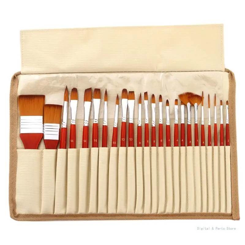 

M17F Set of 24Pcs Artist Flat Paint Brushes Nylon Brushes Set with Brush Holder Roll