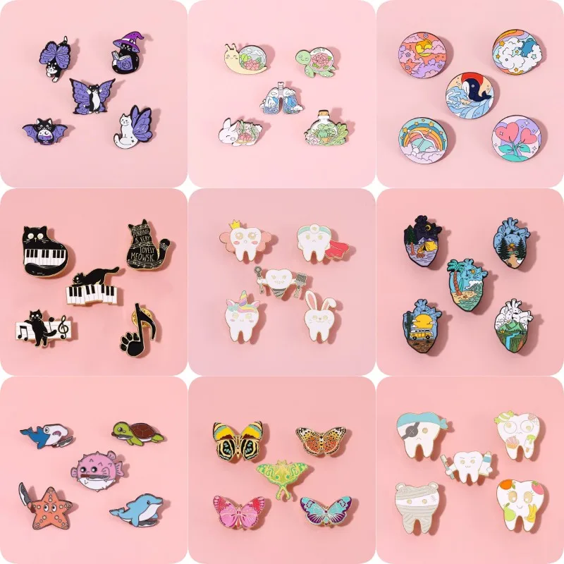 

Wholesale 5 Pcs/Set Enamel Pins Set Animal Plant Skeleton Tooth Whale Jukebox Code Butterfly Geometry Lapel Badges Jewelry Gifts