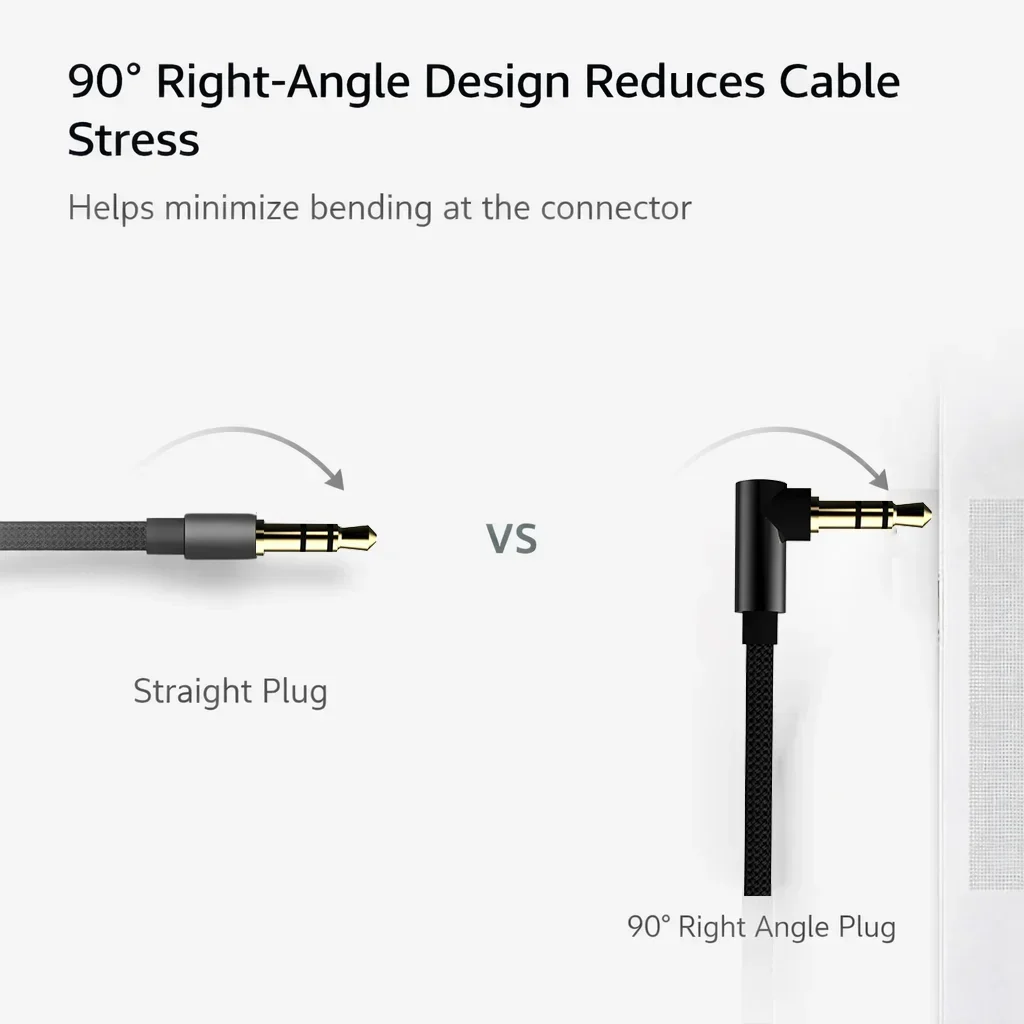 Durable 3.5mm AUX Audio Cable with Right-Angle Design and Braided Nylon Finish