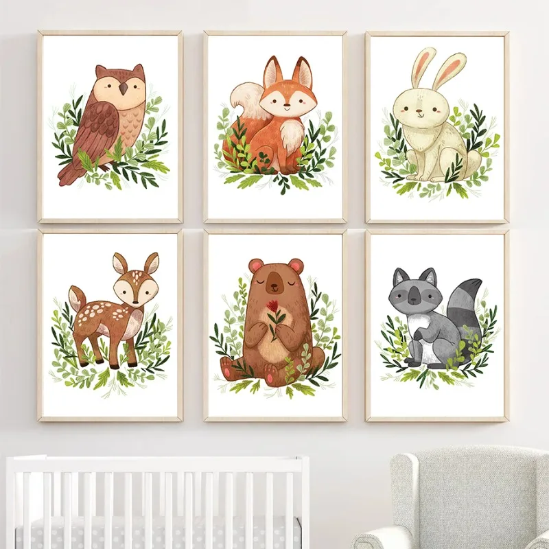

Woodland Animal Cartoon Posters and Prints Canvas Painting Rabbit Deer Wall Art Picture for Nursery Kids Room Home Decoration
