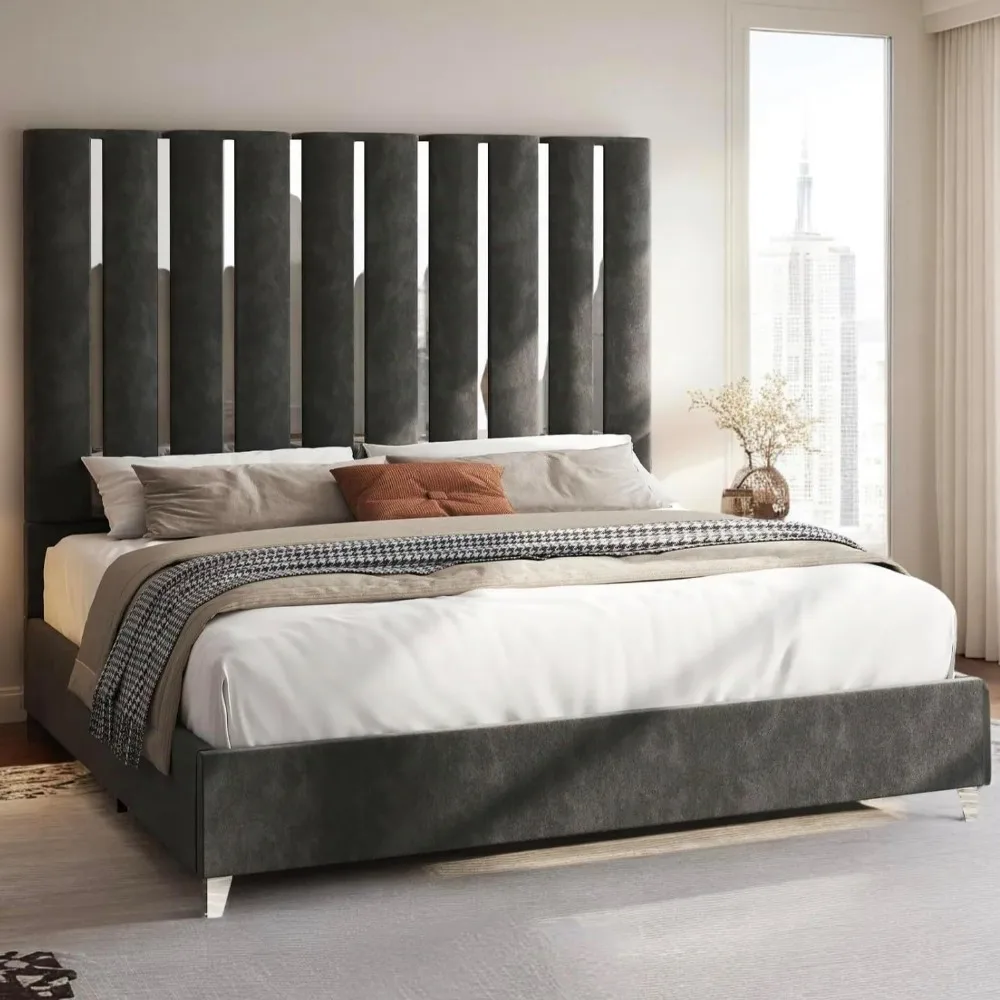 King Bed Frame with 58" Tall Headboard, with Silver Plating Trim, No Box Spring Needed, Velvet Upholstered Bed Frame