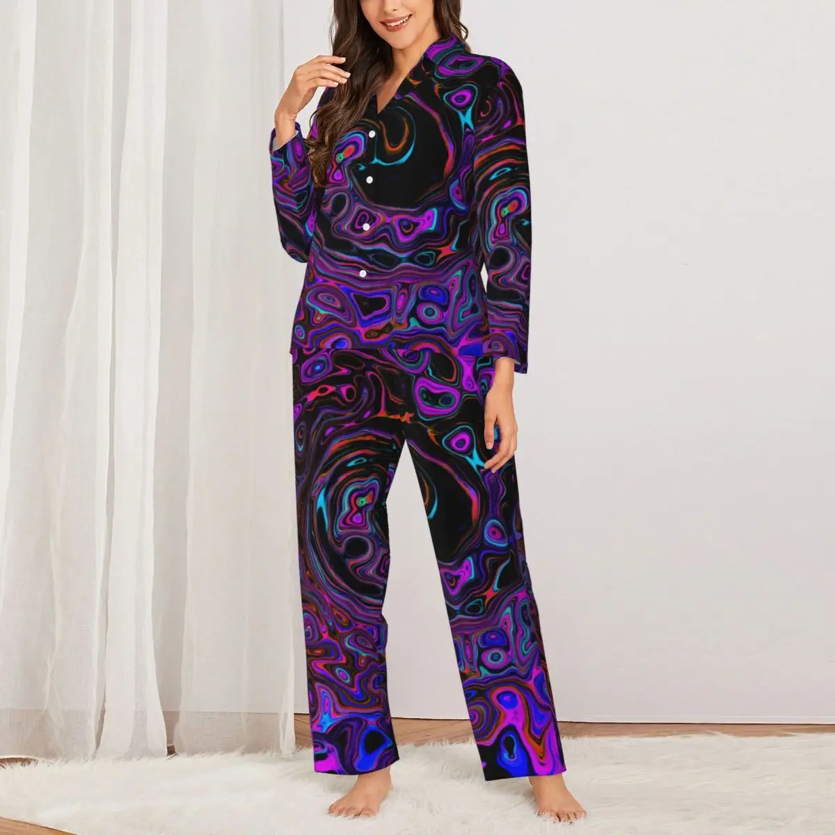 

Пижама в стиле ретро с жидким завитком, женская пижама в стиле Триппи, пурпурно-зеленого цвета, Милая модель, Весенняя свободная Пижама большого размера из 2 предметов