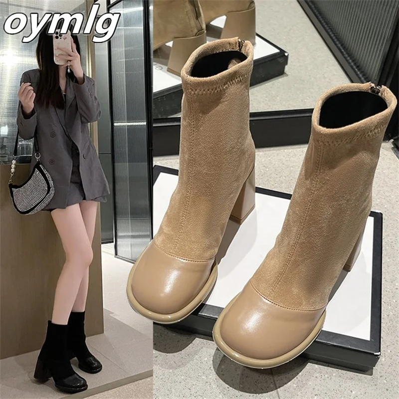 Slim and Versatile Slim Boots 2023 Winter New Thick High Heel Round Head Panel Elastic Suede Short Boots for Women
