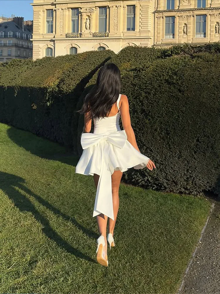 Elegant Female White Sleeveless Sling Mini Skirt Sexy Slim Pleated Chic Bow Backless Short Dress 2025 Women New Evening Robes 4