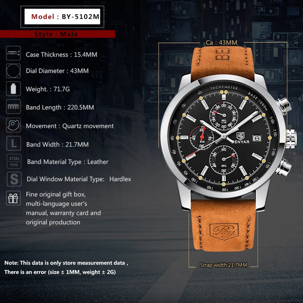 BENYAR Watch For Men Fashion Chronograph Sport Top Brand Luxury Quartz Watch Reloj Hombre Clock Male Hour Relogio Masculino