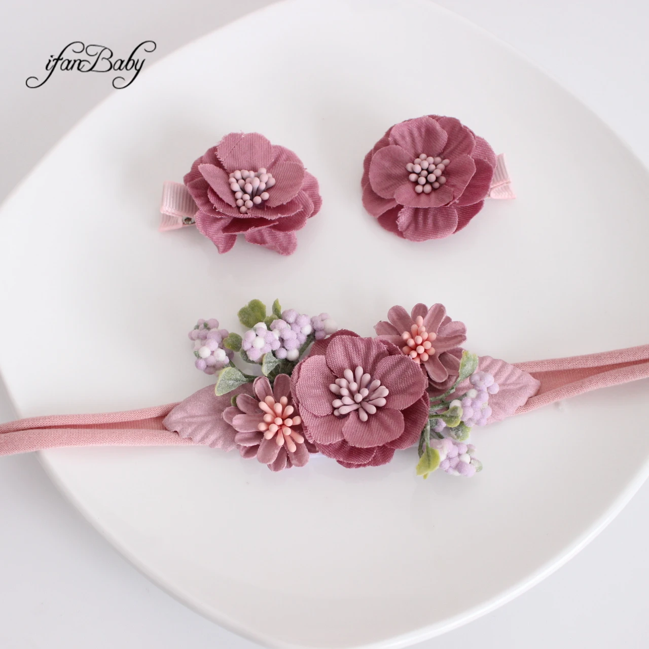 3 Teile/satz Kinder Frauen Vintage Rose Blume Stirnband Mit Blumen Haar Clips – Detail 3