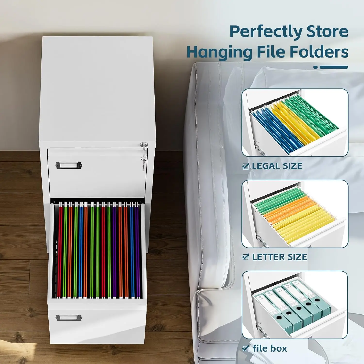 White 2 Drawer File Cabinet, Vertical Filing Cabinet with Lock, Home Office Storage Cabinet for Letter Legal A4 File Size