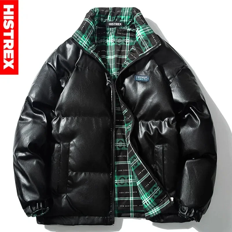 

Brand Men Parkas Pu Leater Jacket Reversible Thicken Padded Coat Checkered Outerwear Fashion Parka New Hip Hop Jackets