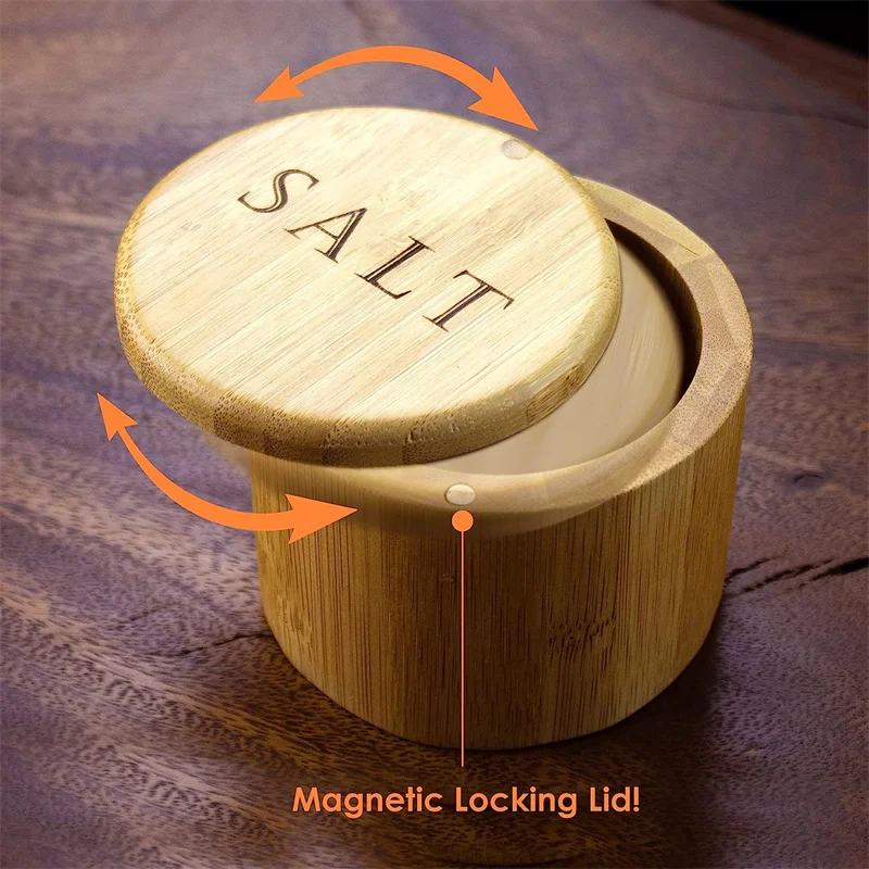 Bamboo Salt Cellar Storage Box Magnetic Swivel Lid Salt Jar Condiments Storage seasoning jar