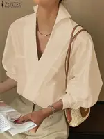 ZANZEA Fashion Lapel V Neck Shirt Women Puff 3/4 Sleeve Blouse Office Casual Loose Solid Color Tops 2024 Summer Street Tunics - Image 3