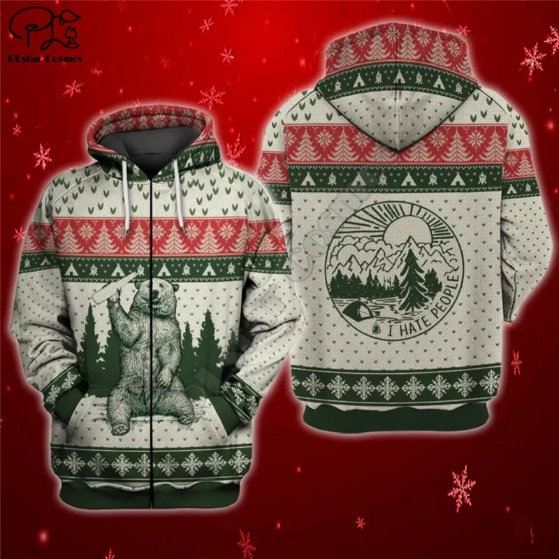 Bear I Hate People Ugly Christmas Sweatshirt Camping Knitting Print Hoodies Sweatshirts Zip Hooded Men/Women Casual Streetwear