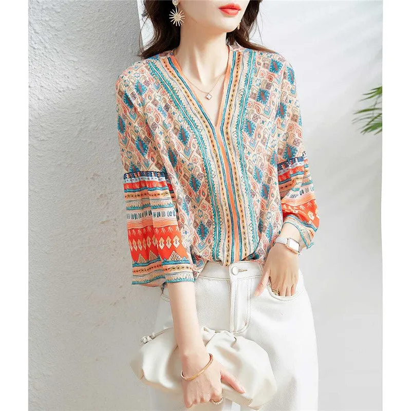 Vintage Ethnic Style Print Elegant Chic Shirts Summer Fashion V-neck Loose Three Quarter Sleeve Tops Blouses for Women Clothing