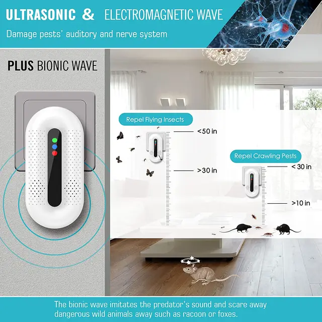 Ultrahangos Kártevő Rovarriasztó 3 In-1 Frekvenciavonási Technológiával, Hatékony Taszító Pók, Egér, Csótány - Image 6