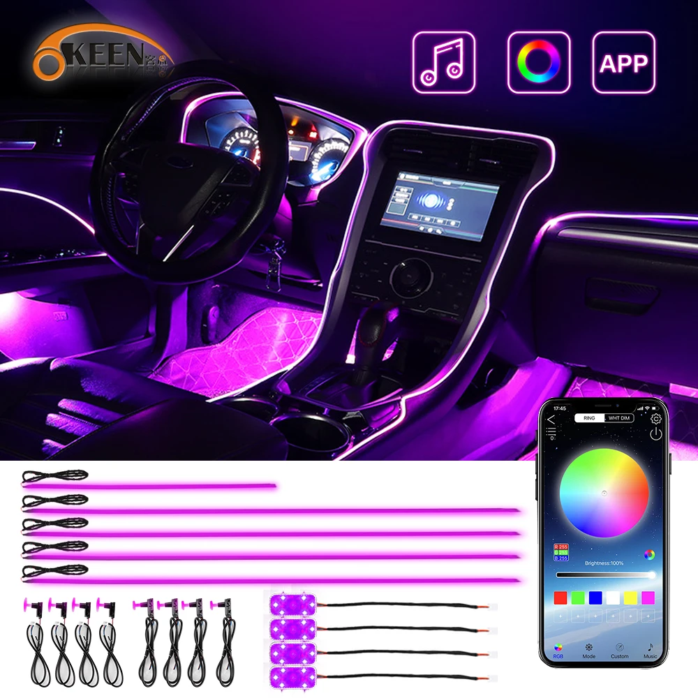 

OKEEN 18 In 1 Acrylic Ambient Light Strip For Car Universal Fiber Optic Car Interior Atmosphere Decoration Lamps App Control 12V