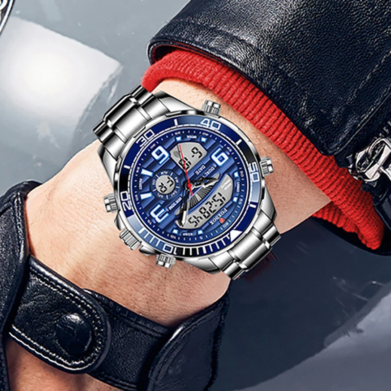 FOXBOX Top Brand Luxury Watch Men Waterproof Quartz Digital Led Male Clock Military Sport Stainless Steel Man Wristwatch 2023