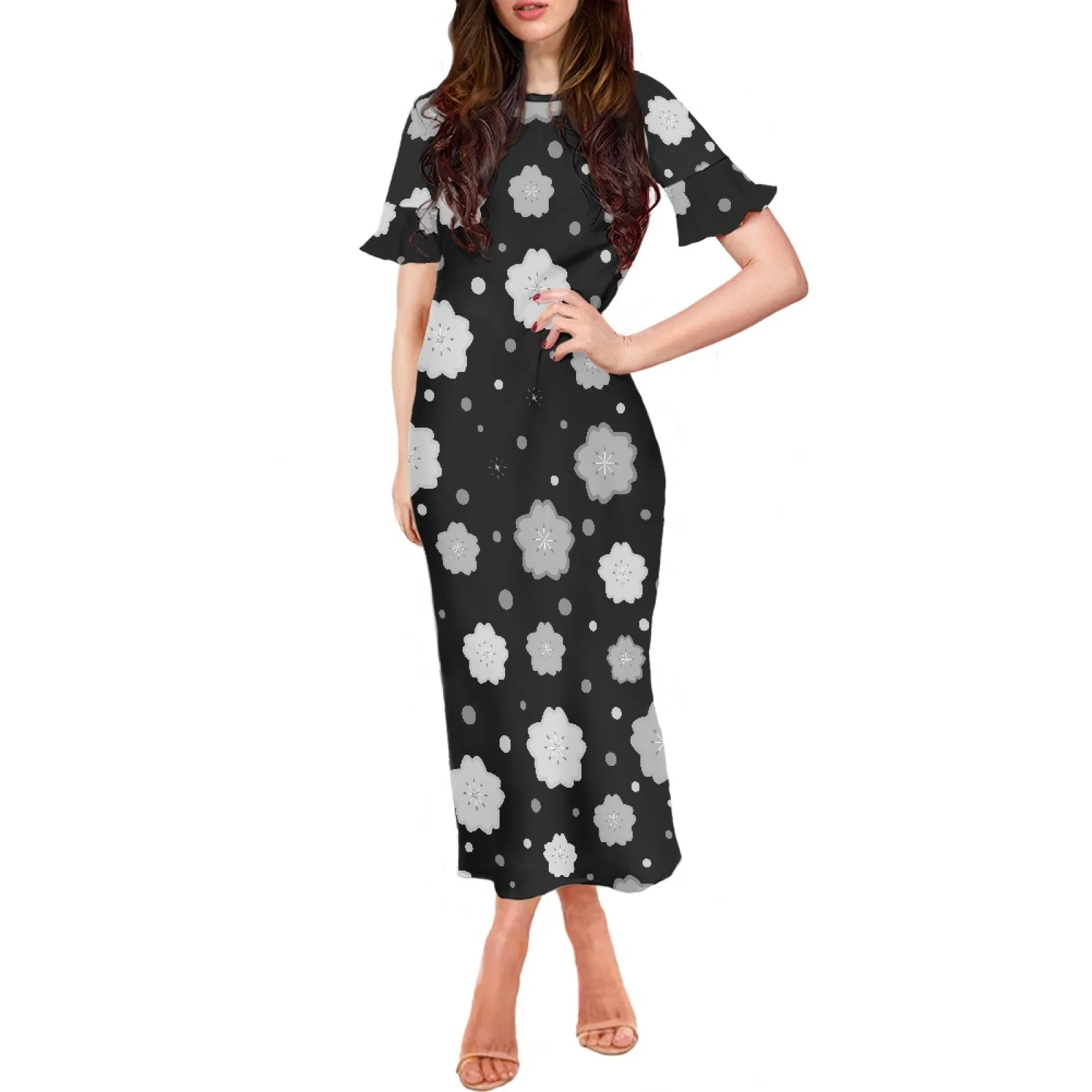 

Cherry Blossom Design Element Print Summer New Hawaiian Style Dress Casual Lotus Sleeve Dress Short Sleeve Fashion Women's Dress