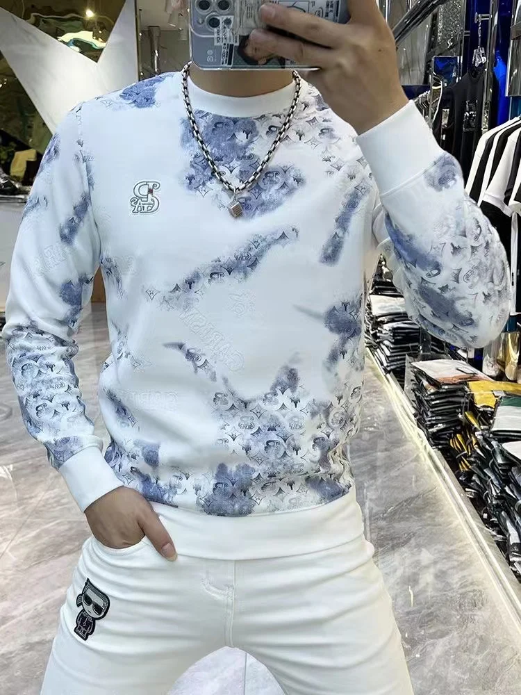 Men's Clothing Blue Pullover Top printing Sweatshirts for Man embroidery Hoodieless Slim Fit Style top