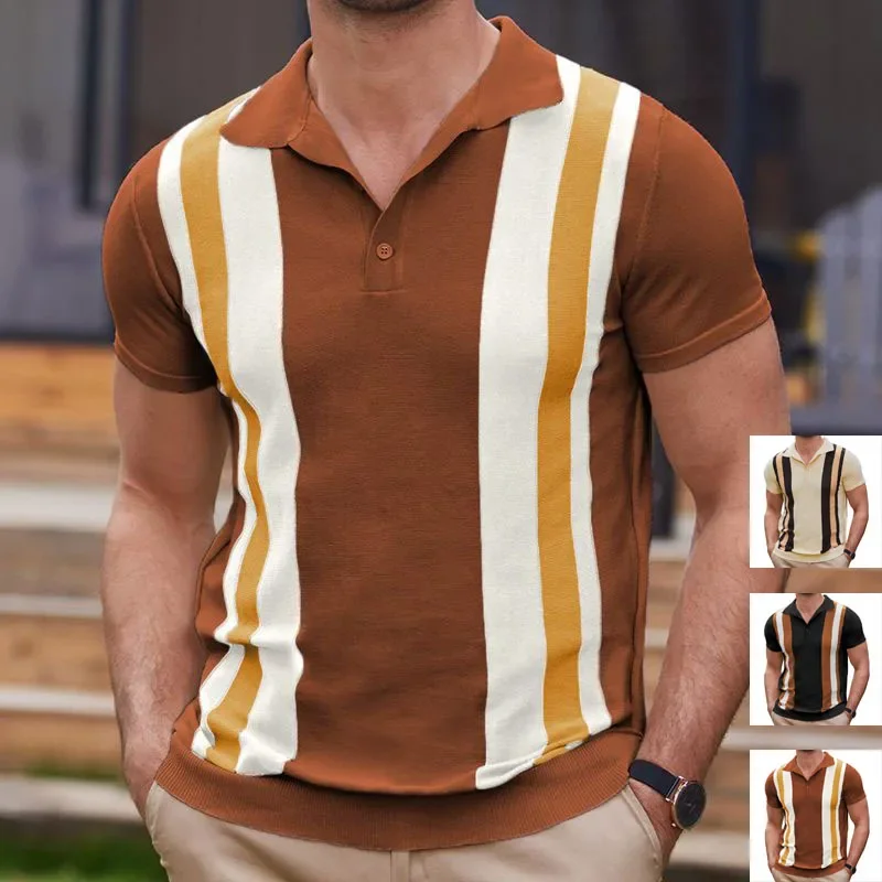 

Men's Short Sleeve Polo Button, Jacquard Stripe Knit, Thin Business Casual, New Street Fashion, Summer, 2023