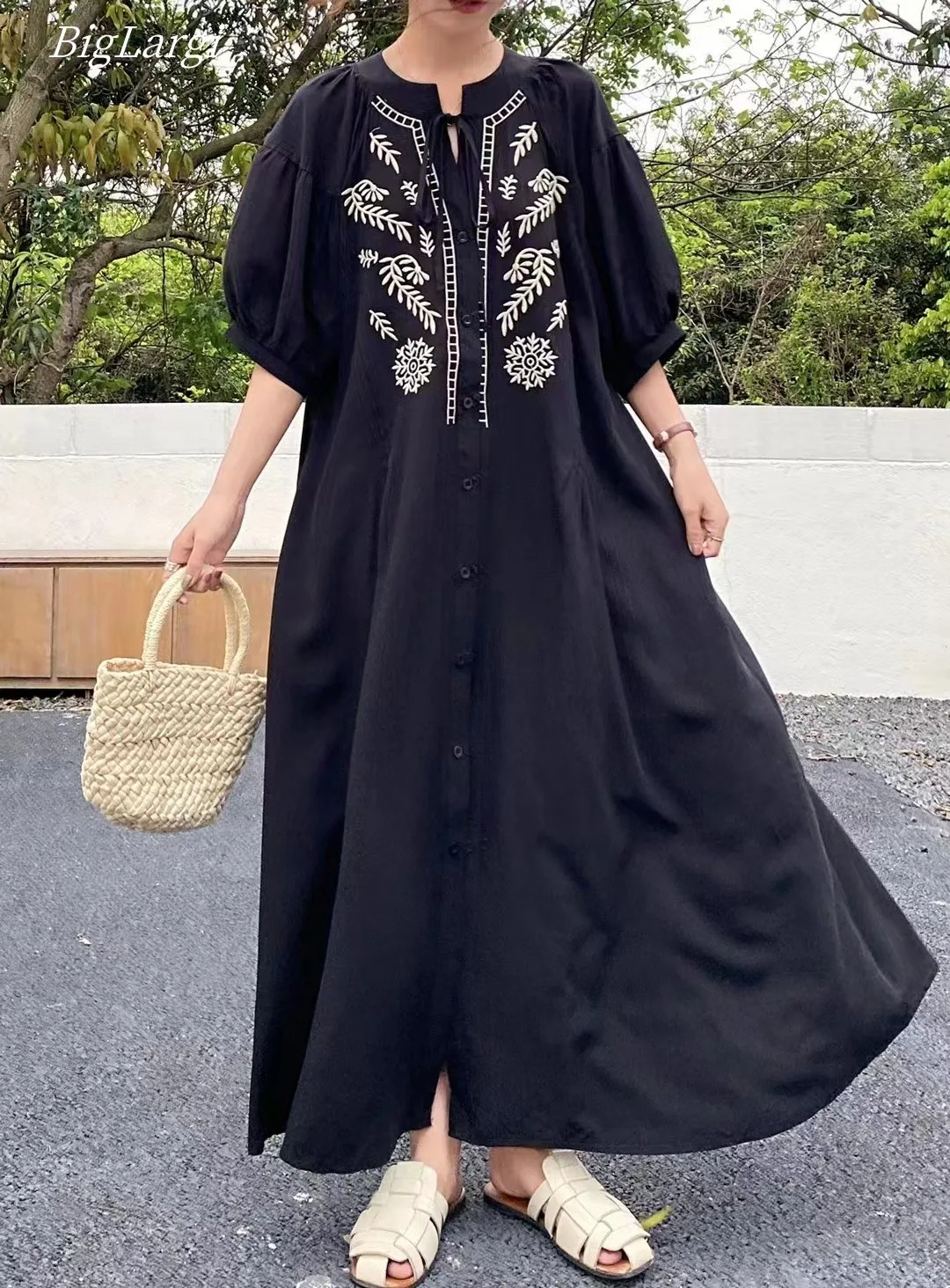 

Oversize Elegant Vintage Embroidery Shirt Dress Women Korean Chic Loose Ladies Dresses Flare Sleeve Woman Long Dress Vestidos