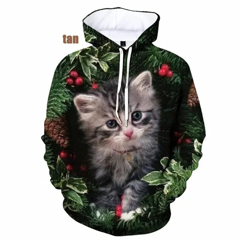 thumbnail image 1 of Sudadera con capucha de Papá Noel y gato con estampado 3D para hombre, sudadera con estampado de árbol de Navidad y muñeco de nieve, unisex, holgada, de manga larga, 1 of 5