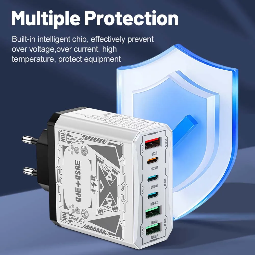 6 in 1 3USB 3PD Charger QC3.0 Fast Charging Quick Charger For iPhone Samsung Xiaomi Mobile Phone Charge Adapter EU/US/UK Plug