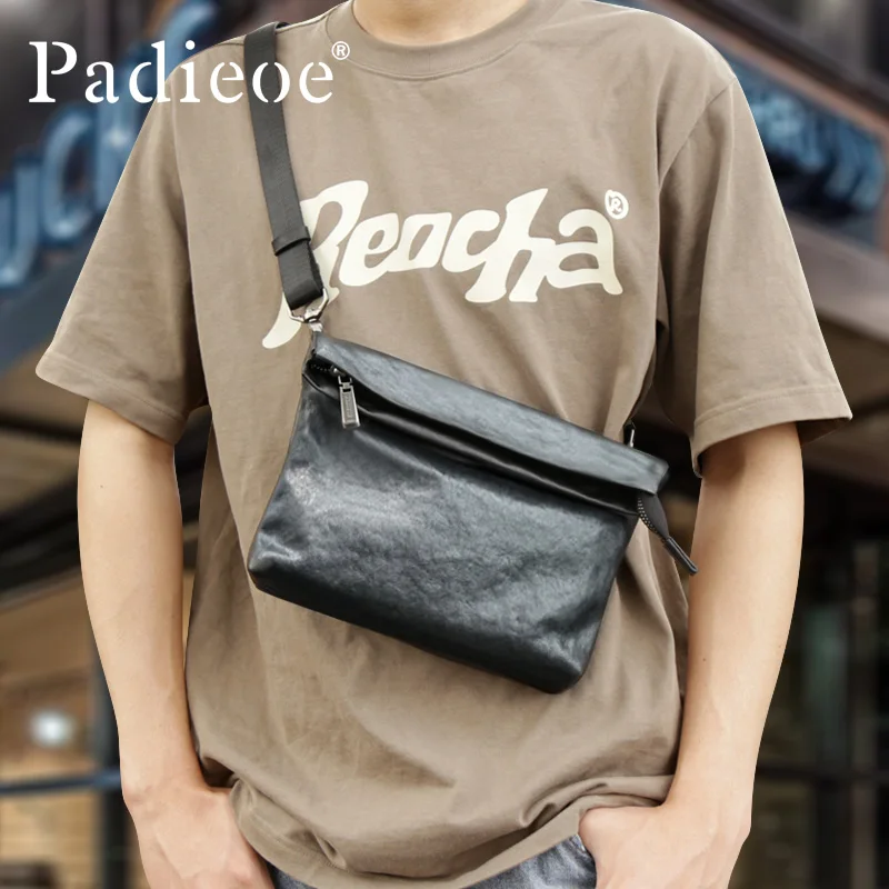 PADIEOE Men's leather messenger bag Large capacity shoulder bag Men's messenger bag Cowhide horizontal backpack Men's bag