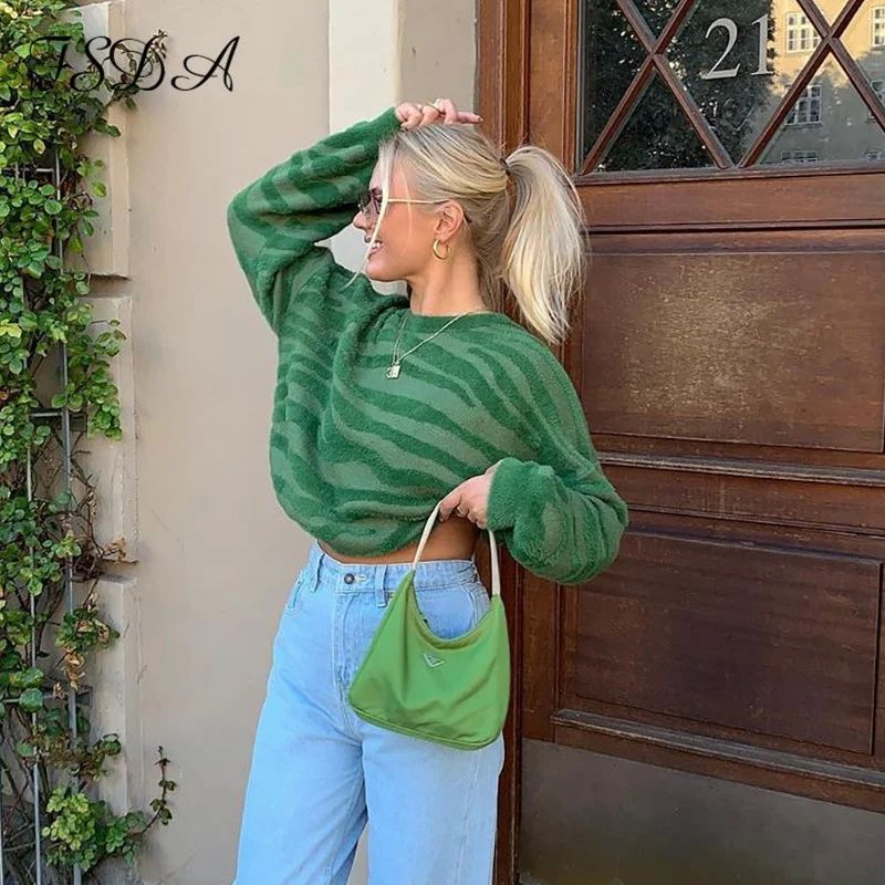 

2021 O Neck Women Sweater Knitted Green Autumn Winter Long Sleeve Casual Pullover Oversized Fashion Jumper Top Y2k