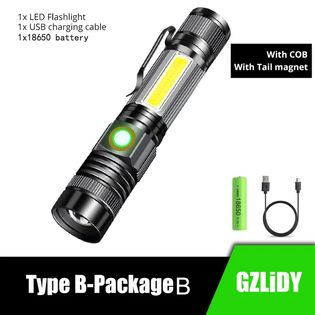 best led flashlights Super Powerful 18650Battery Flashlight Portable USB Rechargeable COB Light Waterproof  Zoom Camping Lamp Flashlights with Magnet rechargeable torch Flashlights