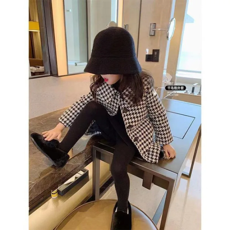 Girls Woolen Coat Jacket Cotton Outwear Overcoat 2023 Houndstooth Warm Thicken Plus Velvet Winter Autumn Teenager Children's Clo