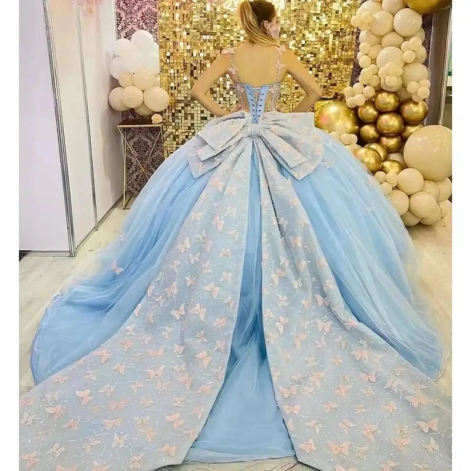 

ANGELSBRIDEP Sky Blue Quinceanera Dresses With Butterflies Bow Ball Gown Birthday Dress Lace Up Princess Sweet 15 16 vestidos de