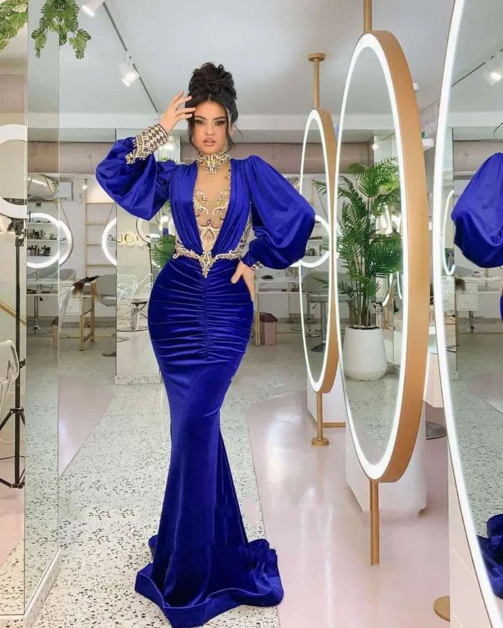 Evening Dresses High Neck Baded Pleats Mermaid Prom Gown Long Sleeves Royal Blue Arabic Dubai Party Dress