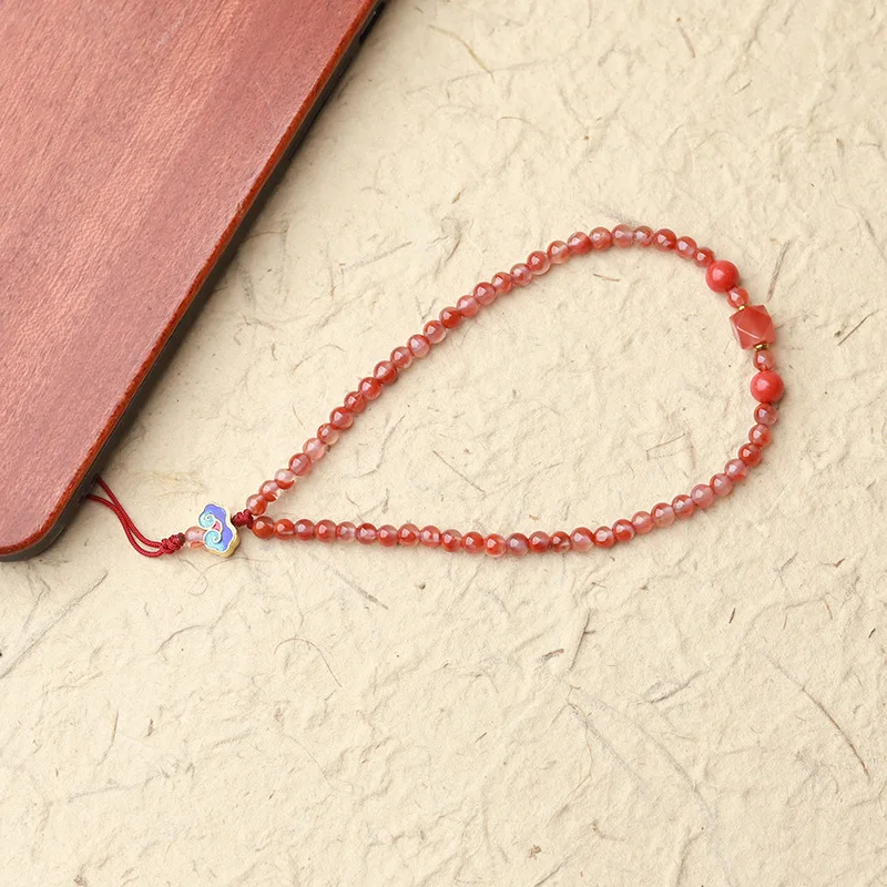 Chinese Style Fashionable and Fresh Sweet 4mm South Red Agate Ruyi Small Gourd Octagonal Bead Enamel Phone Chain Wrist Rope