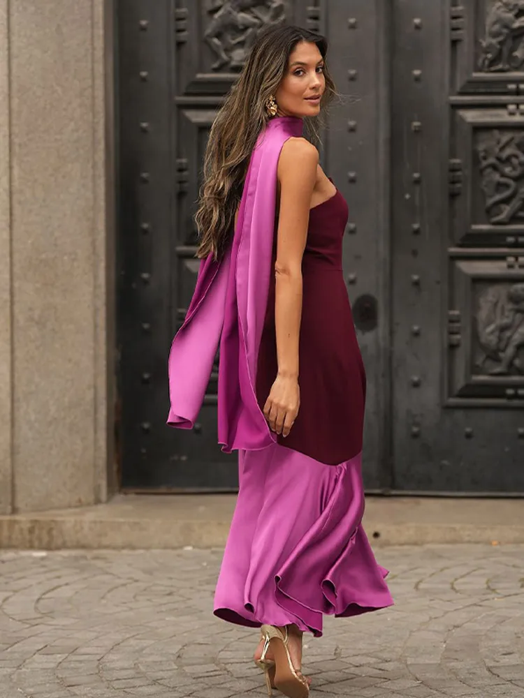 Fashion Satin Spliced Scarf Collar Skinny Long Dress Women Elegant Backless Sleeveless Strapless Vestido Chic Lady Evening Gowns 2
