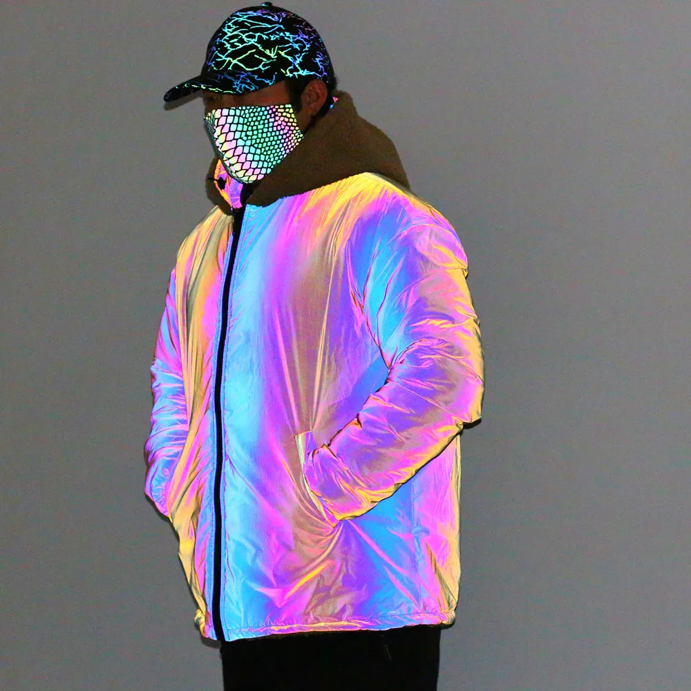 Reversible Men Long Sleeve Jackets Reflective Patchwork Lamb Wool Thick Coat New Colorful Reflect Light Winter Clothing 3