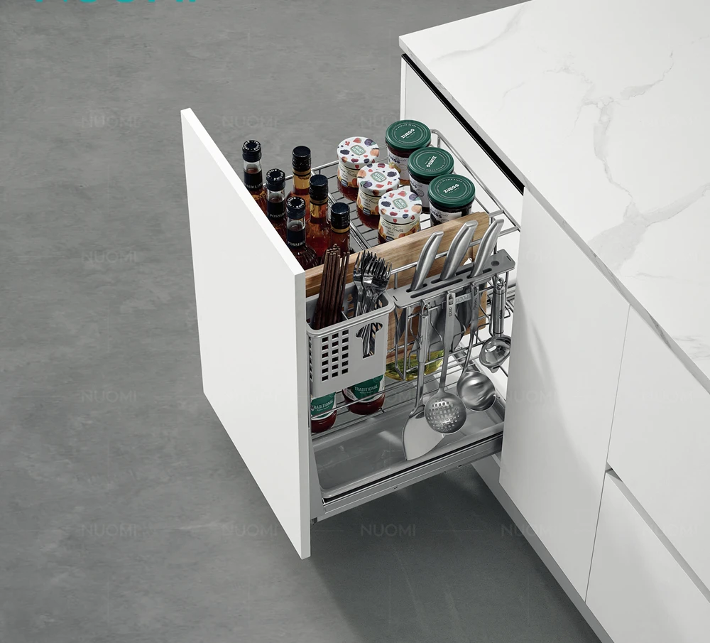 NUOMI Geek Series 400 450mm Kitchen Drawer Sliding Basket Cabinet Organizers Pull Out Pantry Unit Wire Seasoning Basket Drawers