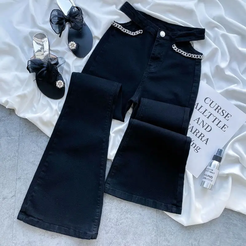 Solid Color Casual Fashion Women's Jeans Hollow Out High Waist Denim Trousers Slim Flare Pants