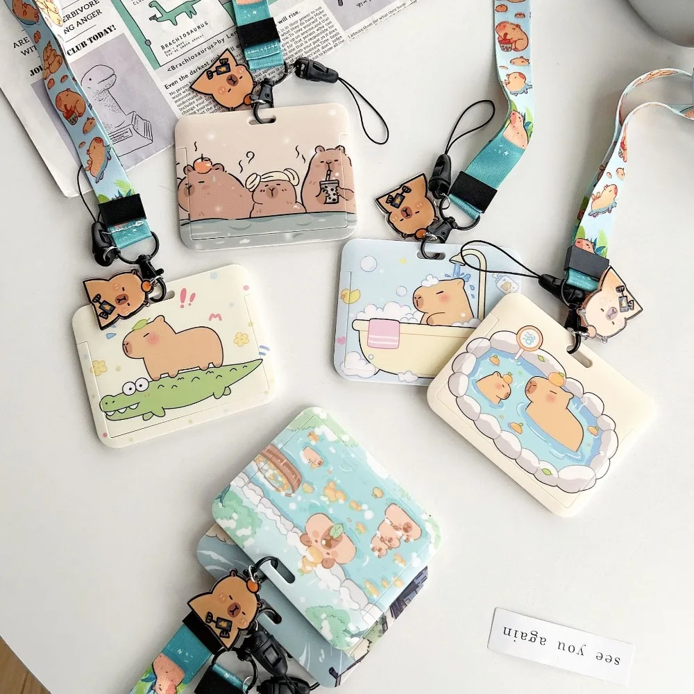 

Cartoon Capybara Card Holder Animal Korean Style Photocard Holder Card Protective Case with Lanyard Students Bus Card Cover