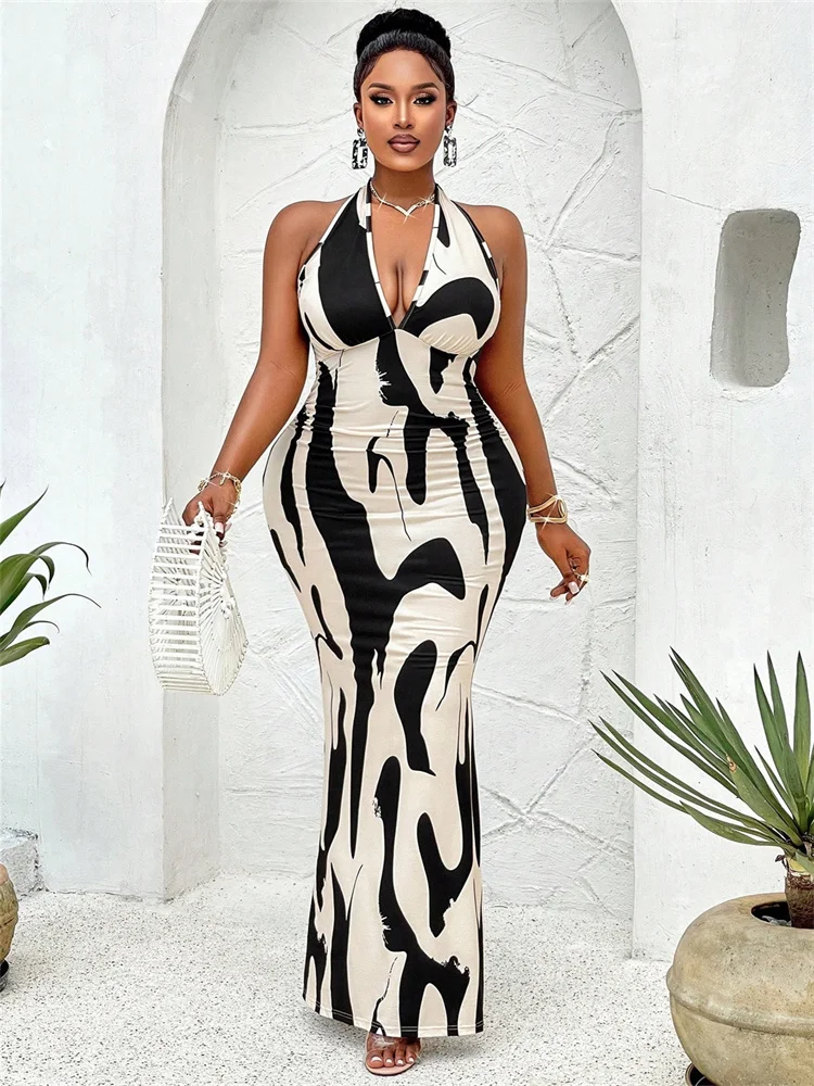 Wmstar Plus Size Dress Women Wholesale Spring and Summer Sexy Halter Cow Print Dress V Neck Backless Elegant Long Dress 2025