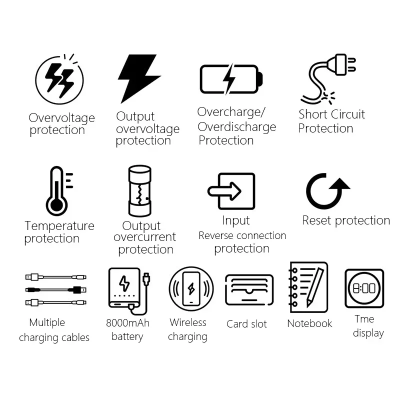 시간 날짜 온도 기능 포함 스마트 5V 2A 노트북 8000mAh USB 유선 1:4 충전 + 무선 충전 노트북