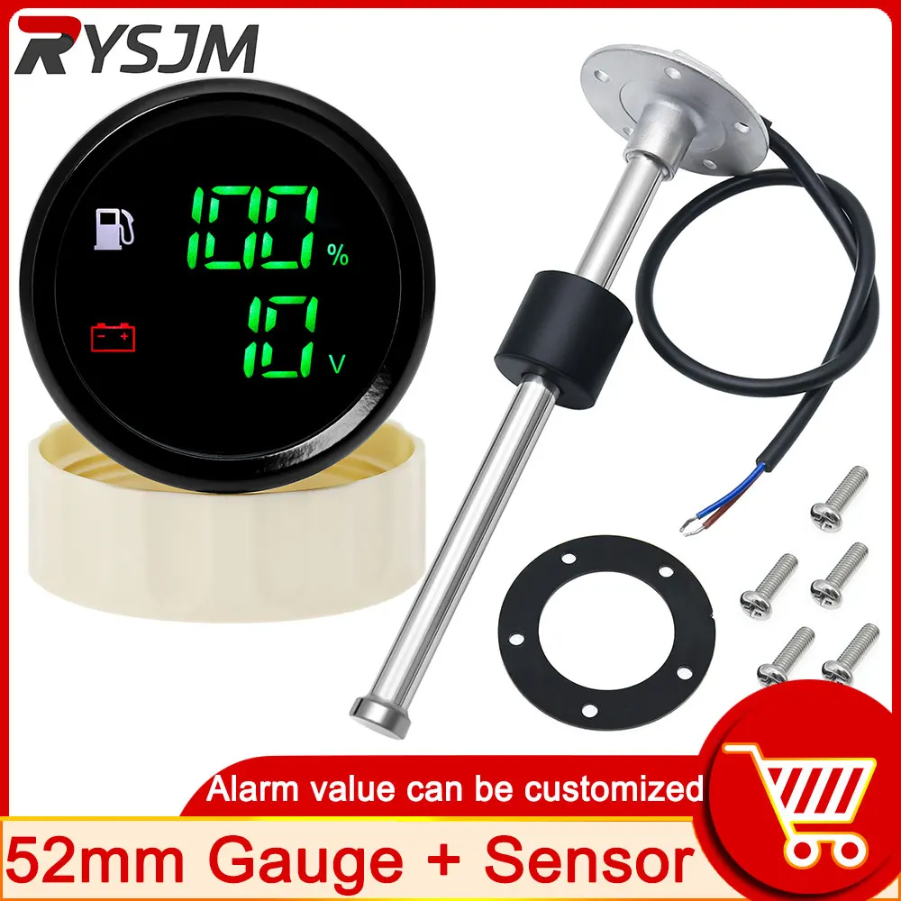 

With Alram Light 52mm 2 In 1 Gauge + Fuel Level Sensor 0~190 Ohm Voltmeter Digital Fuel Level Indicator Meter for Car Boat