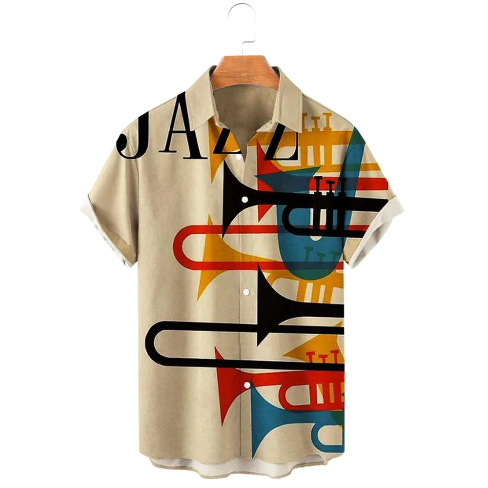 HXFashion Men Shirts Jazz Art Graffiti Splicing Casual Shirts 3D Graphic Streetshirts Beach Shirt Streetwear Ropa Hombre