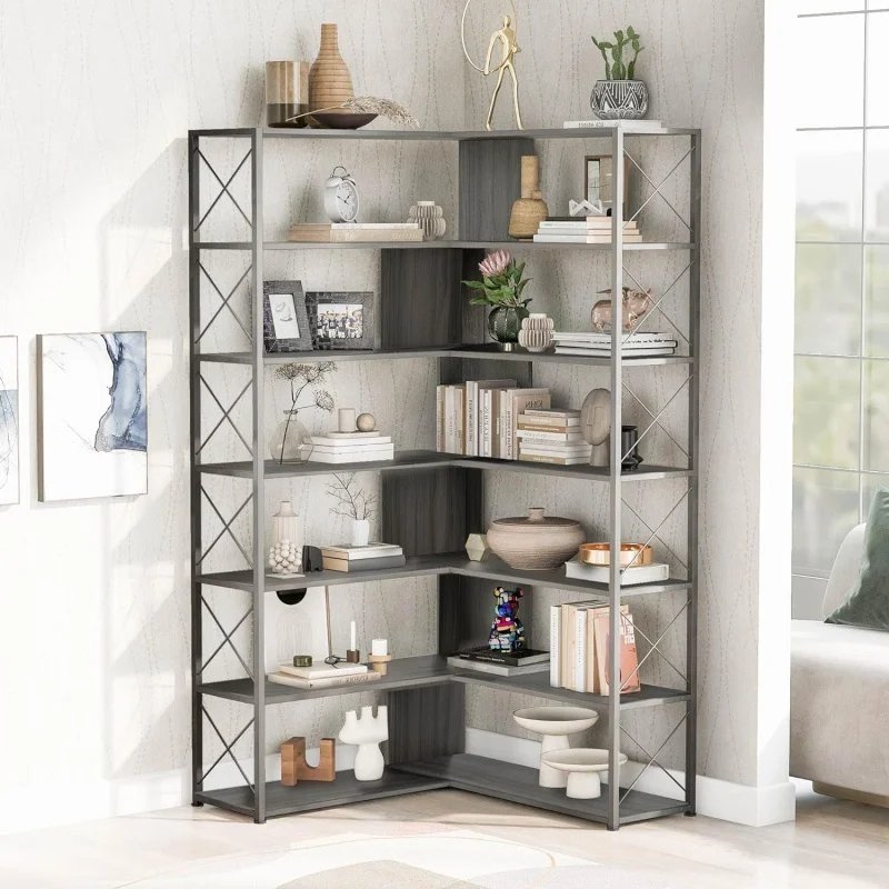 

7-Tier Bookcase Home Office Bookshelf, L-Shaped Corner Bookcase with Metal Frame, Industrial Style Shelf with Open Storage,MDF B