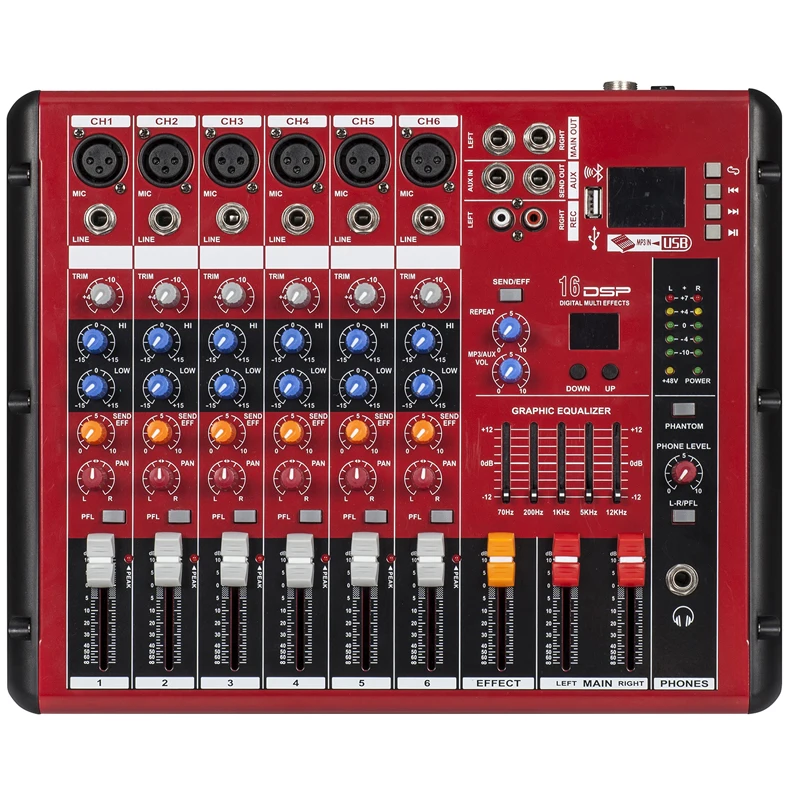 MiCWL MR600 탑 레드 컬러 6 채널 오디오 믹서, XLR 6 입력 게인, 블루투스 16 DSP USB 뮤직 폰, AUX 믹싱 콘솔 스테이지