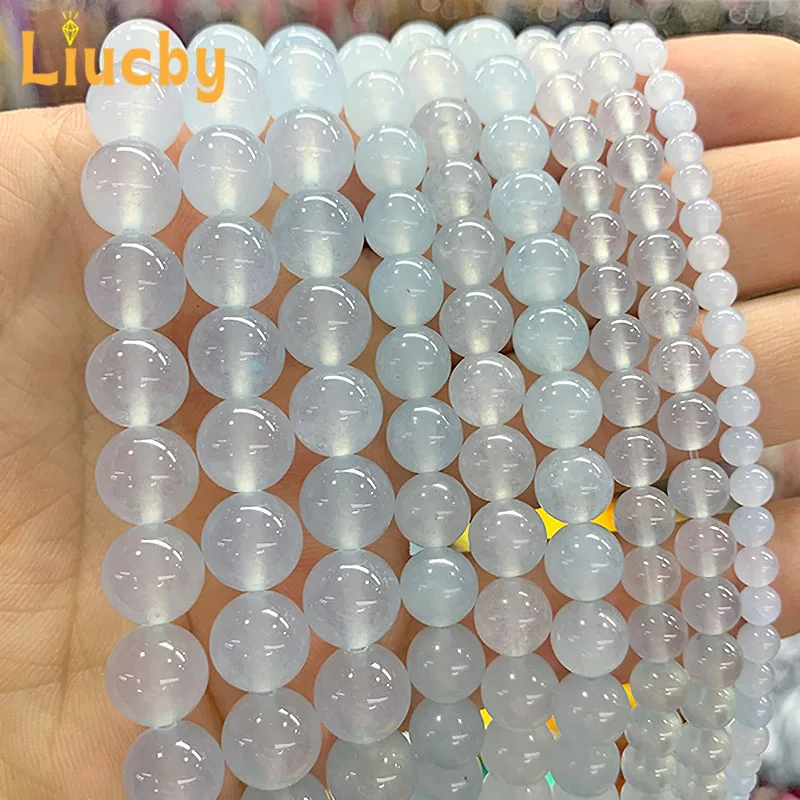 Naturstein Weiß-Blaue Chalcedon Glatte Perlen für Schmuckherstellung DIY Ringe Halsketten Zubehör 15' Strang 4/6/8/10/12/14MM