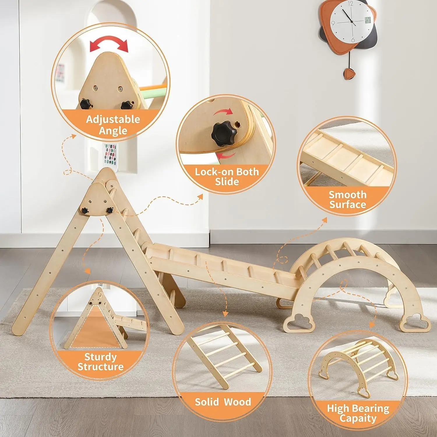 5 in 1 Pikler Triangle Set Wooden Montessori Climbing Set Inside Foldable with Ladder Ramp Arch Rocker and Slide Climbing Toys 3