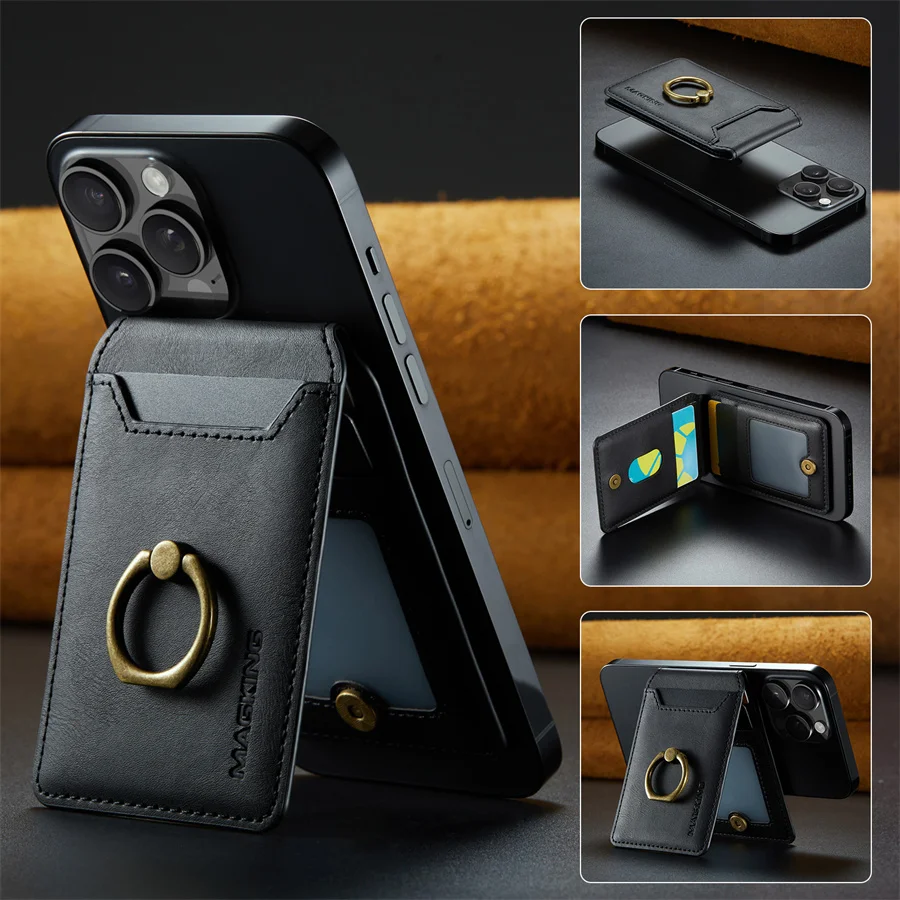 Luxury Leather MagSafe Card Holder with Finger Ring Grip and Kickstand Wallet