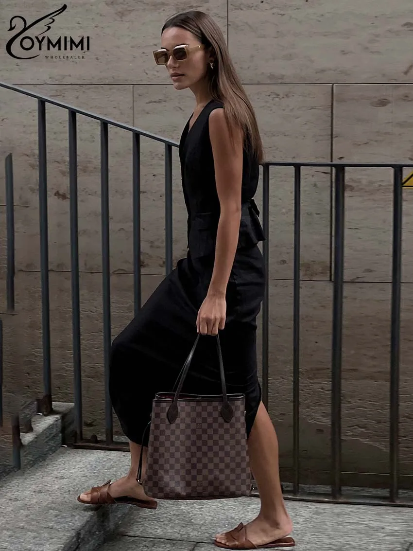Oymimi Casual Black Cotton Hemp Sets Womens 2 Piece Casual V-Neck Sleeveless Tank Tops And Simple Straight Skirts Set Streetwear