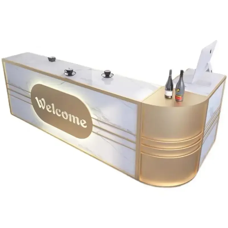 Commercial Furniture Front Table Luxury Pink White Gold Reception Desk Office Building Application Reception Desk
